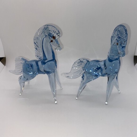 Vintage Mexican Art Glass Horse Blue And Clear Hand Blown 9" Rearing Stallion - Picture 3 of 12